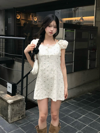 フラワーレースデザインホルターミニワンピース