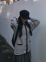 Drop Shoulder Striped Knit Cardigan - Black