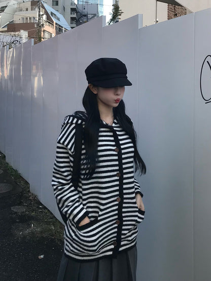 Drop Shoulder Striped Knit Cardigan