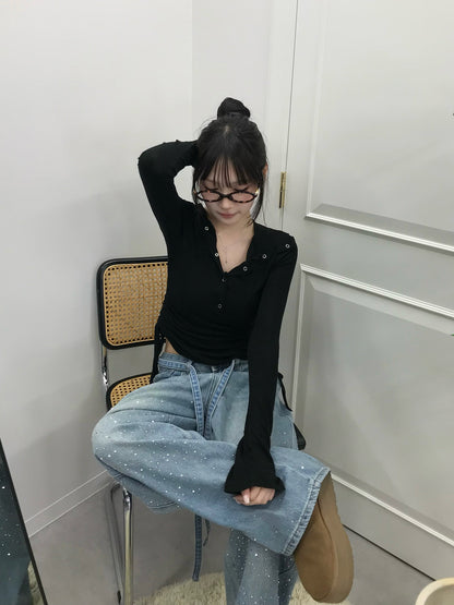 ウエストコードラインストーンワイドデニムパンツ