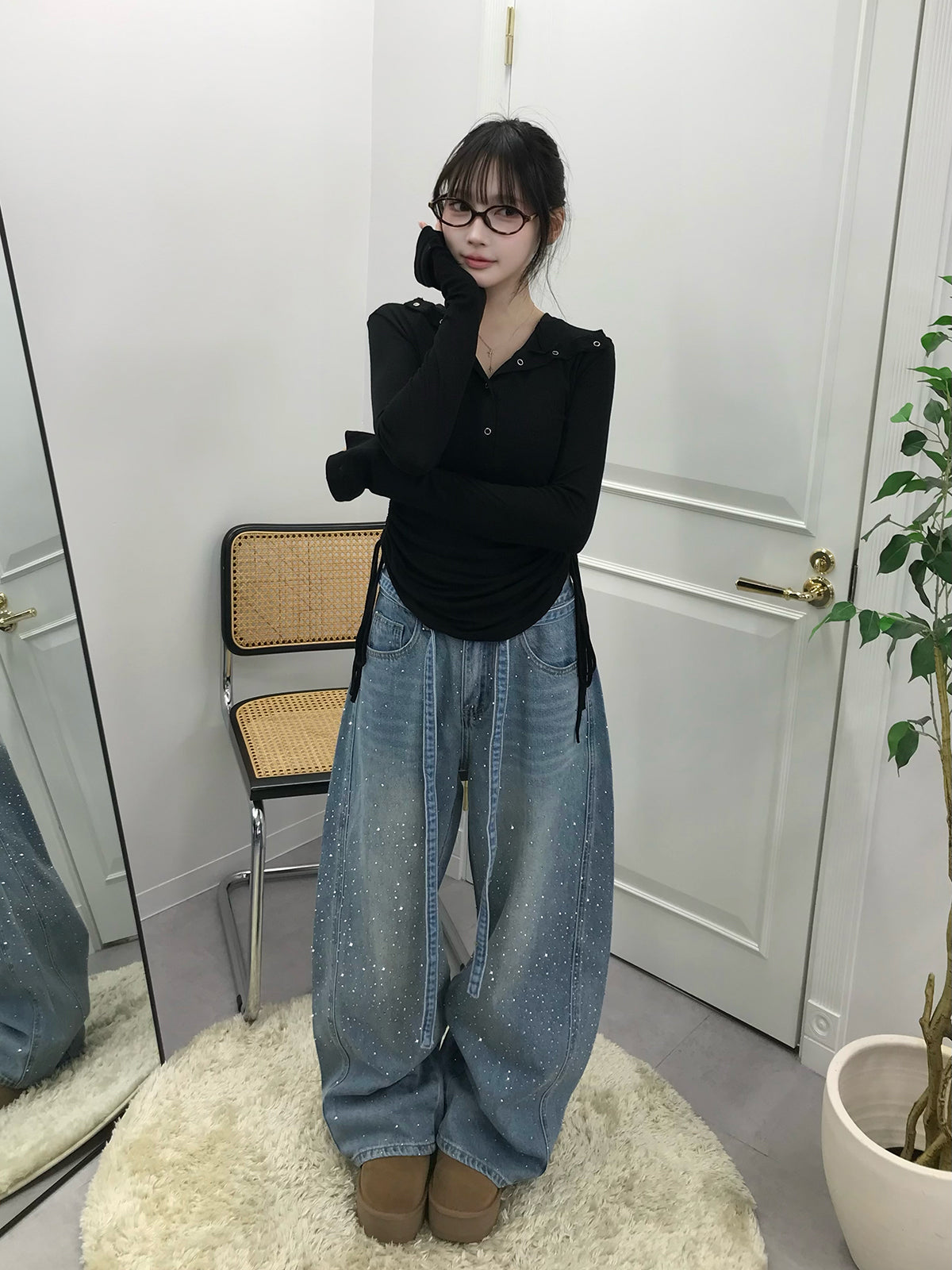 ウエストコードラインストーンワイドデニムパンツ