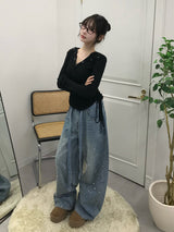 ウエストコードラインストーンワイドデニムパンツ - ブルー