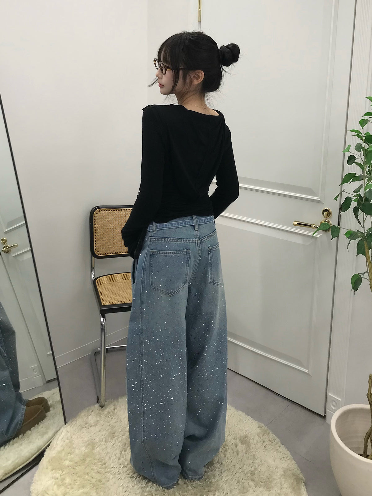 ウエストコードラインストーンワイドデニムパンツ