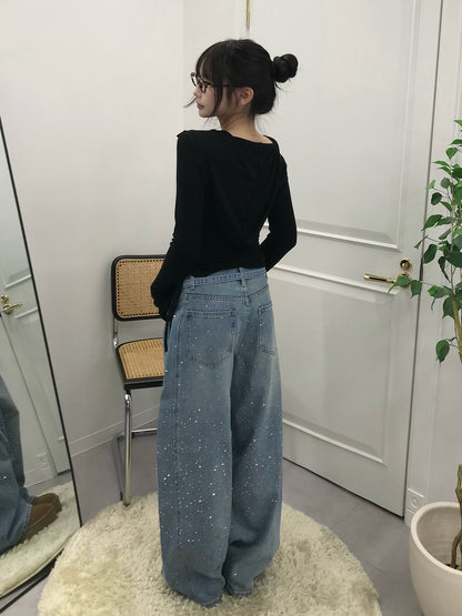 ウエストコードラインストーンワイドデニムパンツ