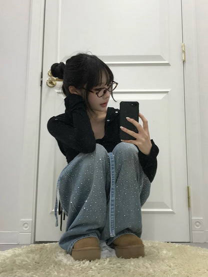 ウエストコードラインストーンワイドデニムパンツ