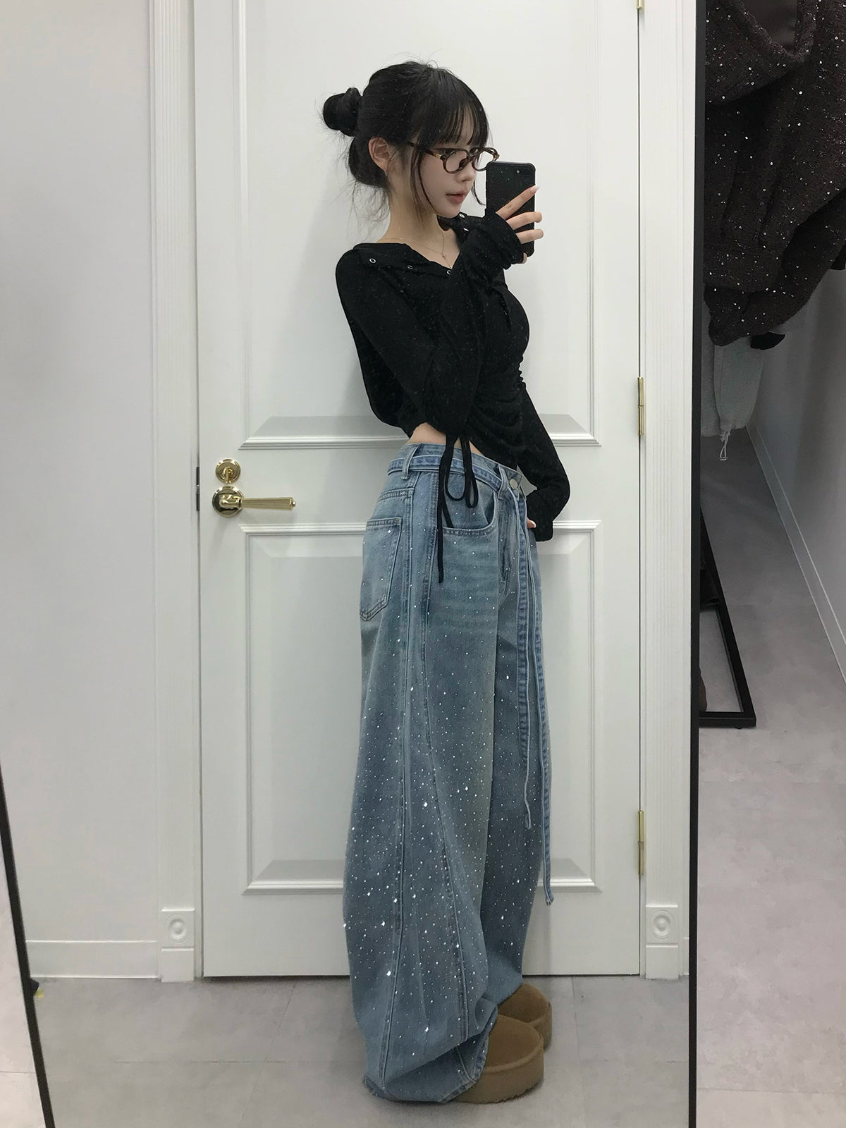 ウエストコードラインストーンワイドデニムパンツ