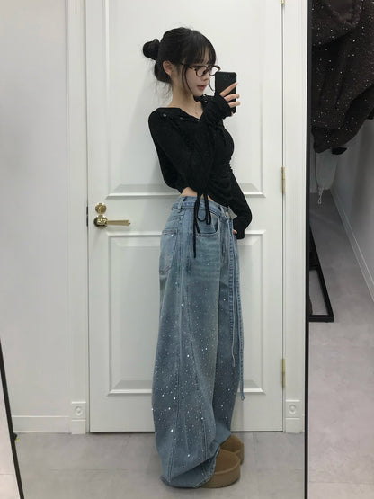 ウエストコードラインストーンワイドデニムパンツ