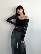 Wide neck lace sheer top - black