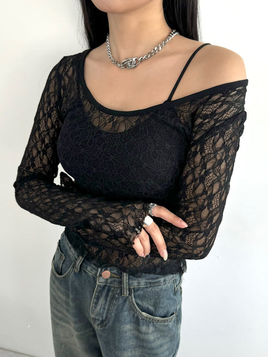 Wide neck lace sheer top