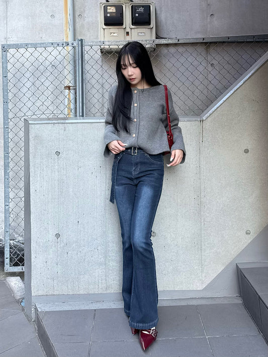 Buckle Belt Flared Denim Pants