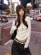 リブボタンフーディーカットソー - ホワイト