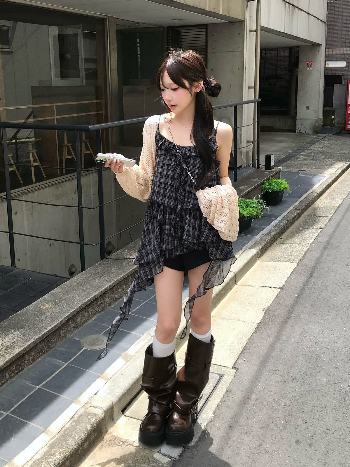 チェックフリルアシメミニワンピース
