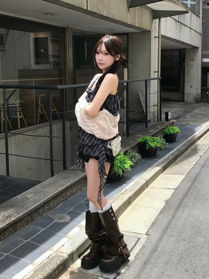 チェックフリルアシメミニワンピース