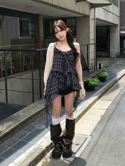 チェックフリルアシメミニワンピース