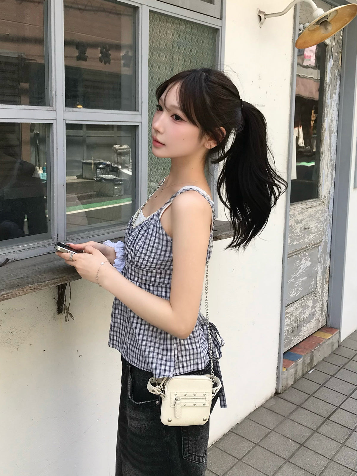 バックリボンチェックキャミソール