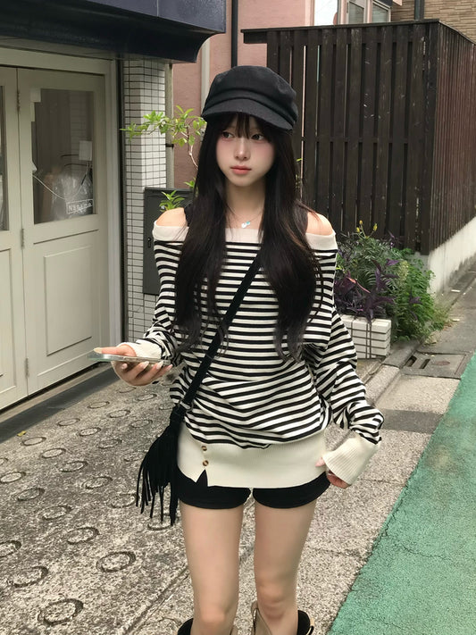 オフショルボーダーボタンニット
