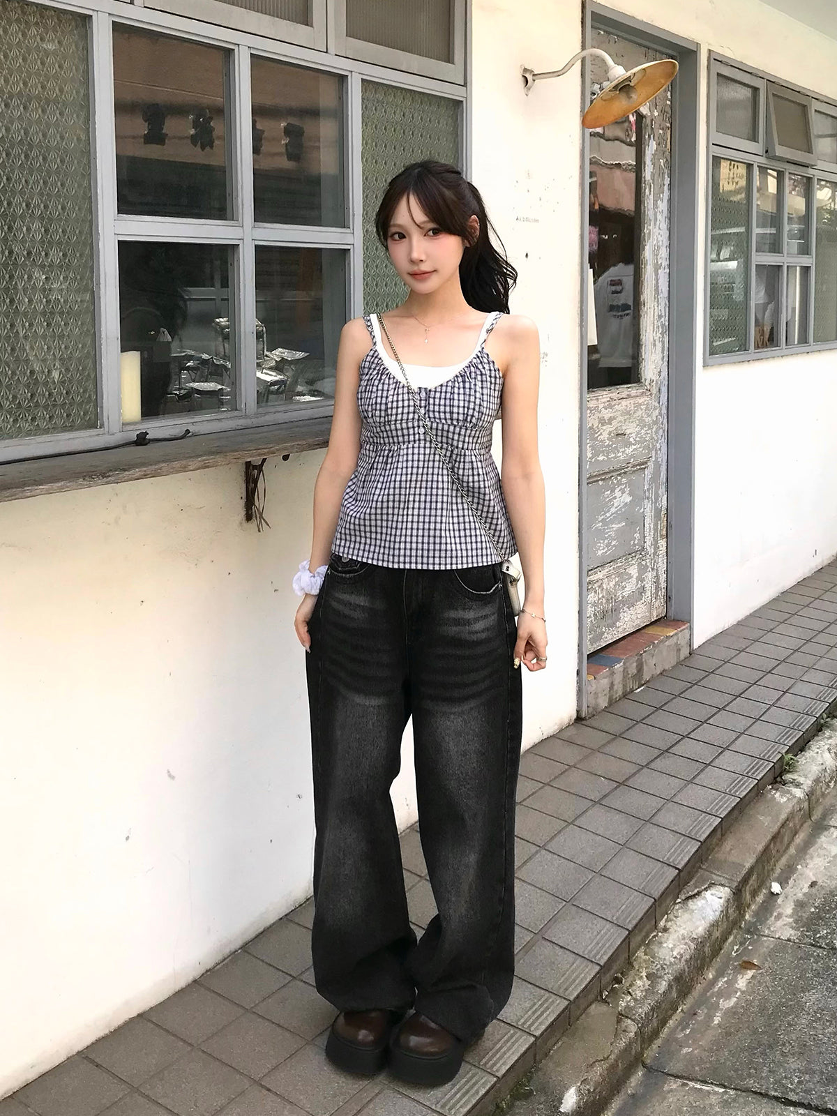 バックリボンチェックキャミソール