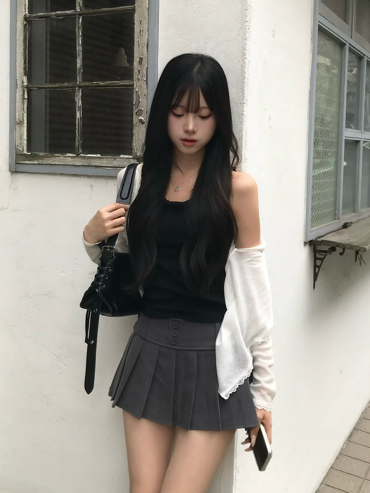 リブプリーツボタンミニスカート