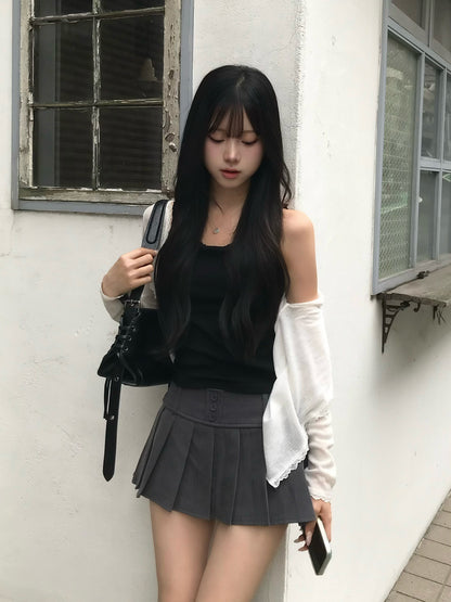 リブプリーツボタンミニスカート