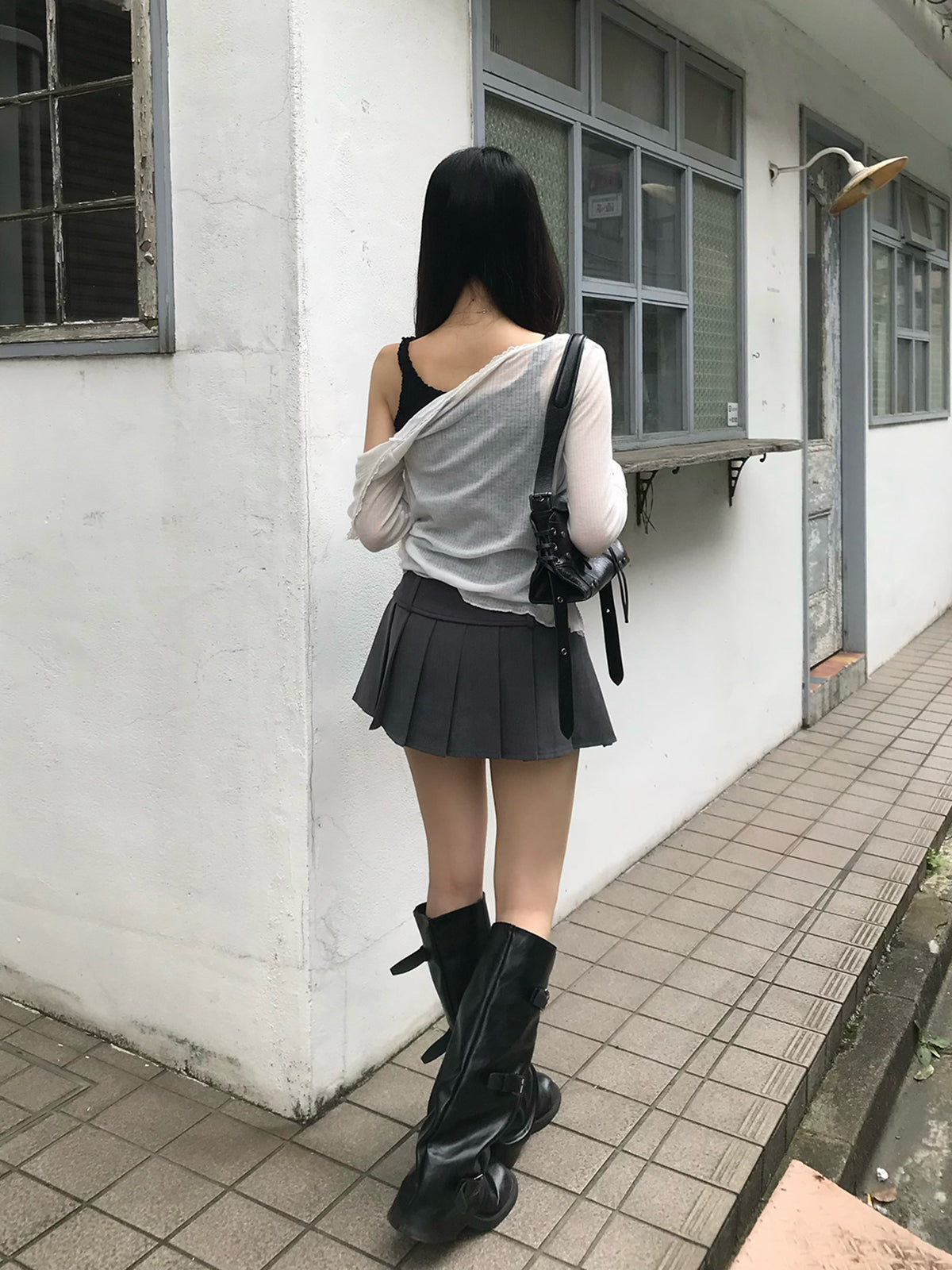 リブプリーツボタンミニスカート
