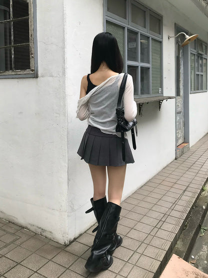 リブプリーツボタンミニスカート