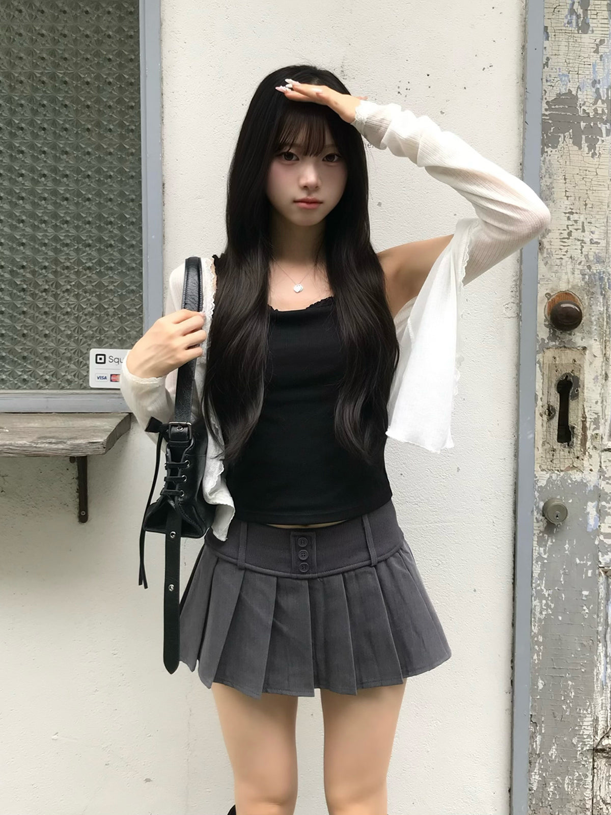 リブプリーツボタンミニスカート