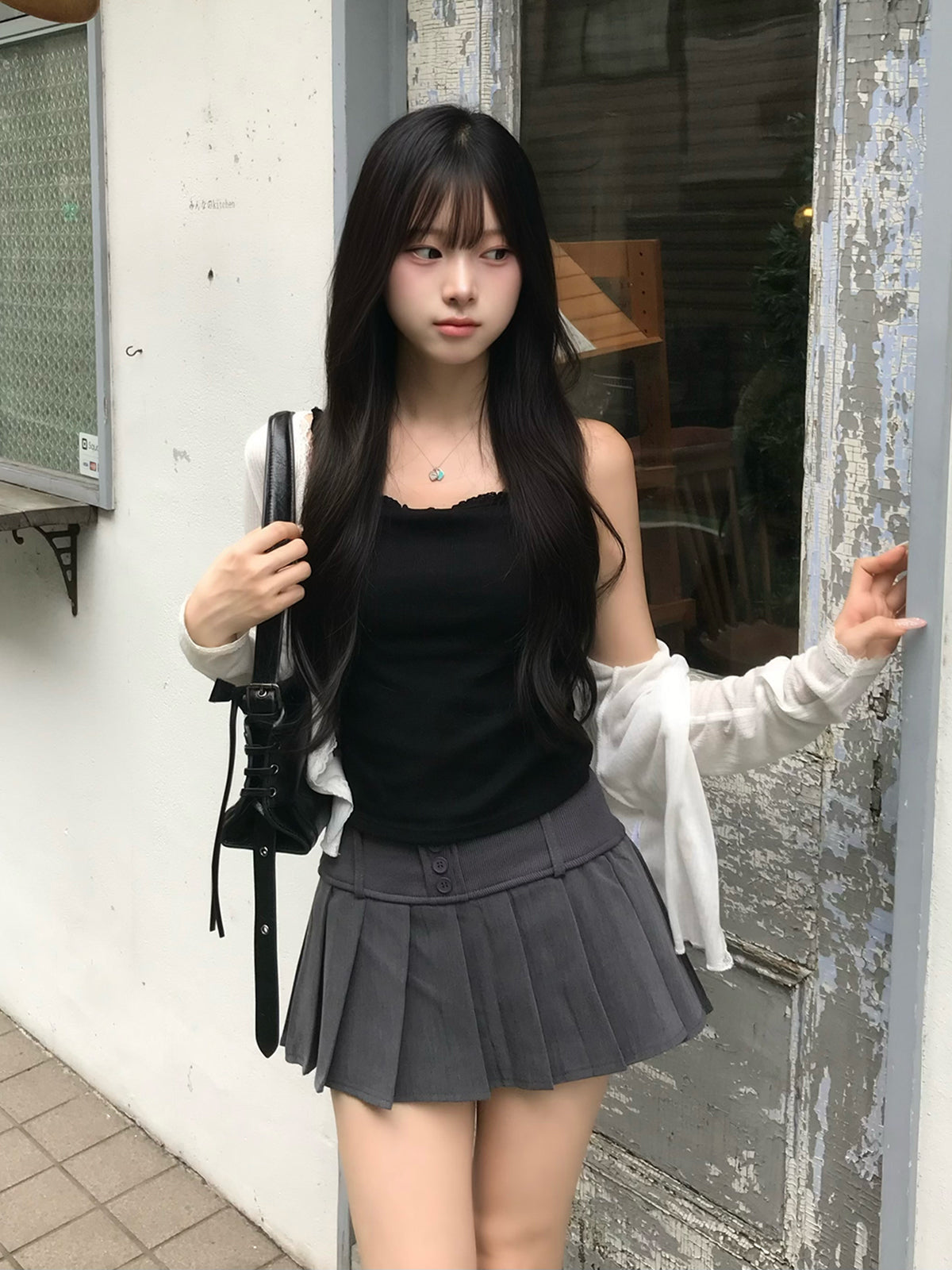 リブプリーツボタンミニスカート