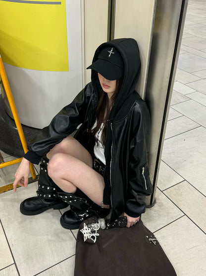 フーディージップレザータッチジャケット