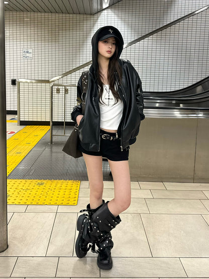 フーディージップレザータッチジャケット