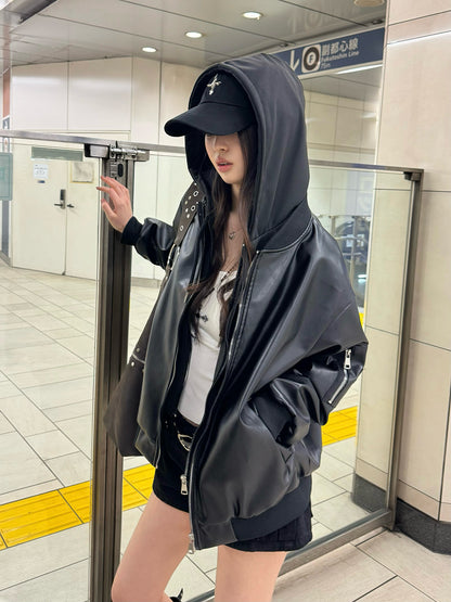 フーディージップレザータッチジャケット