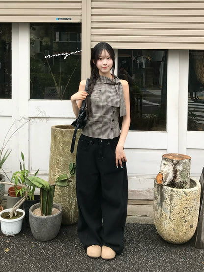 チェックボウタイノースリーブブラウス