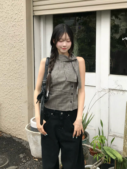 チェックボウタイノースリーブブラウス