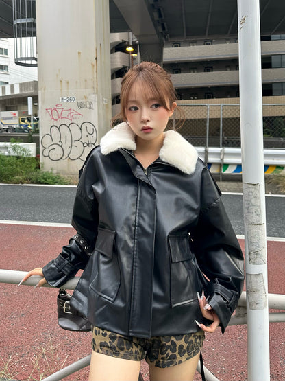 ファーライクカラーレザータッチジャケット