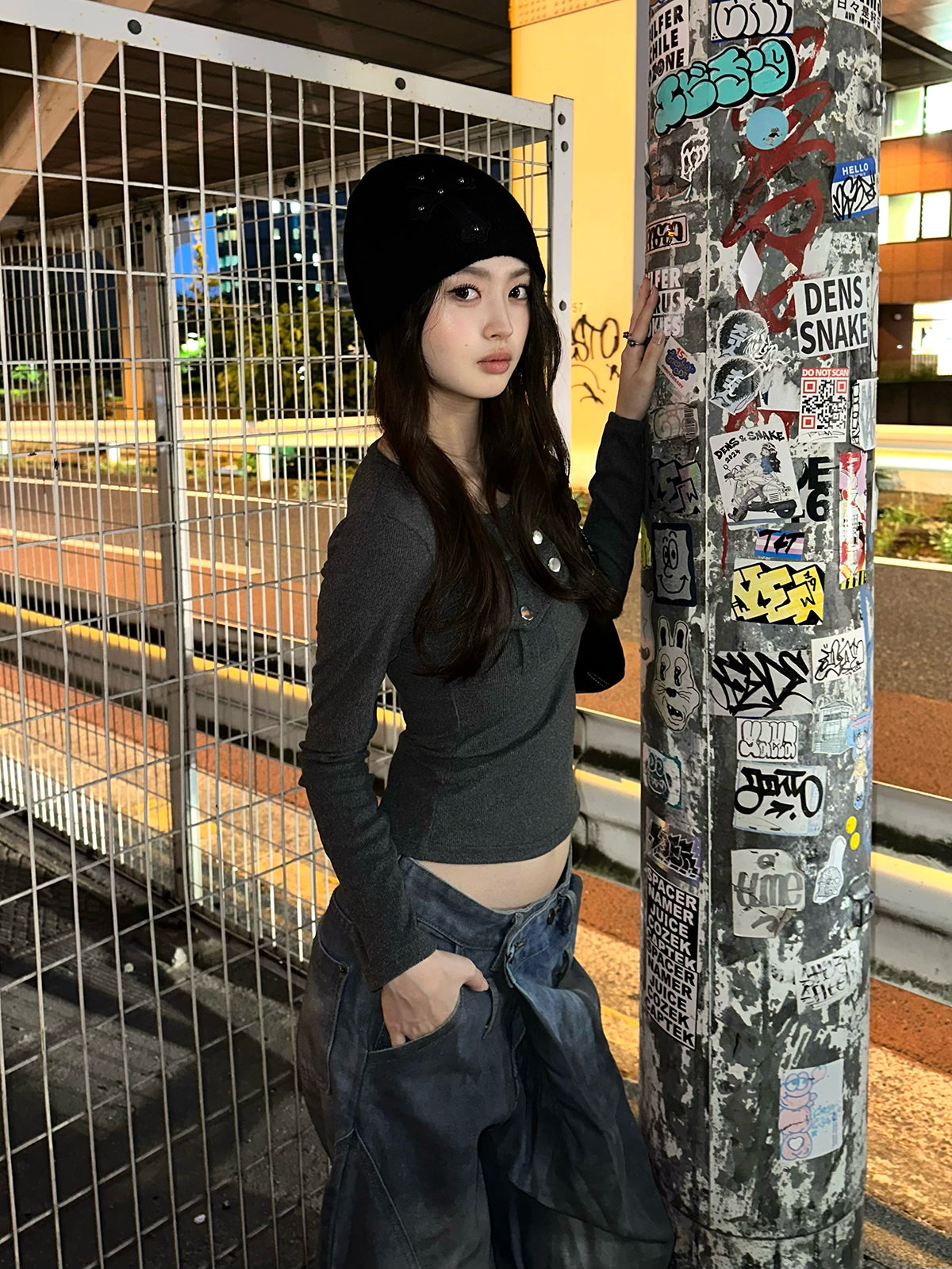 ヘンリーネックポケットリブカットソー