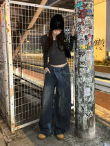 クロスウエストワイドカーブデニムパンツ - ブルー