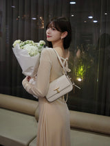 Back-open velour dress - ベージュ