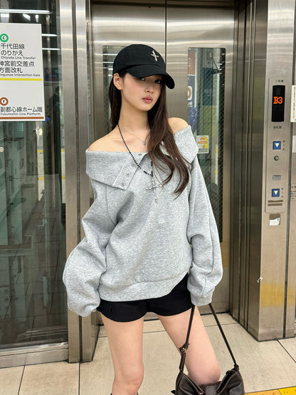스냅 버튼 오프숄더 스웨트셔츠