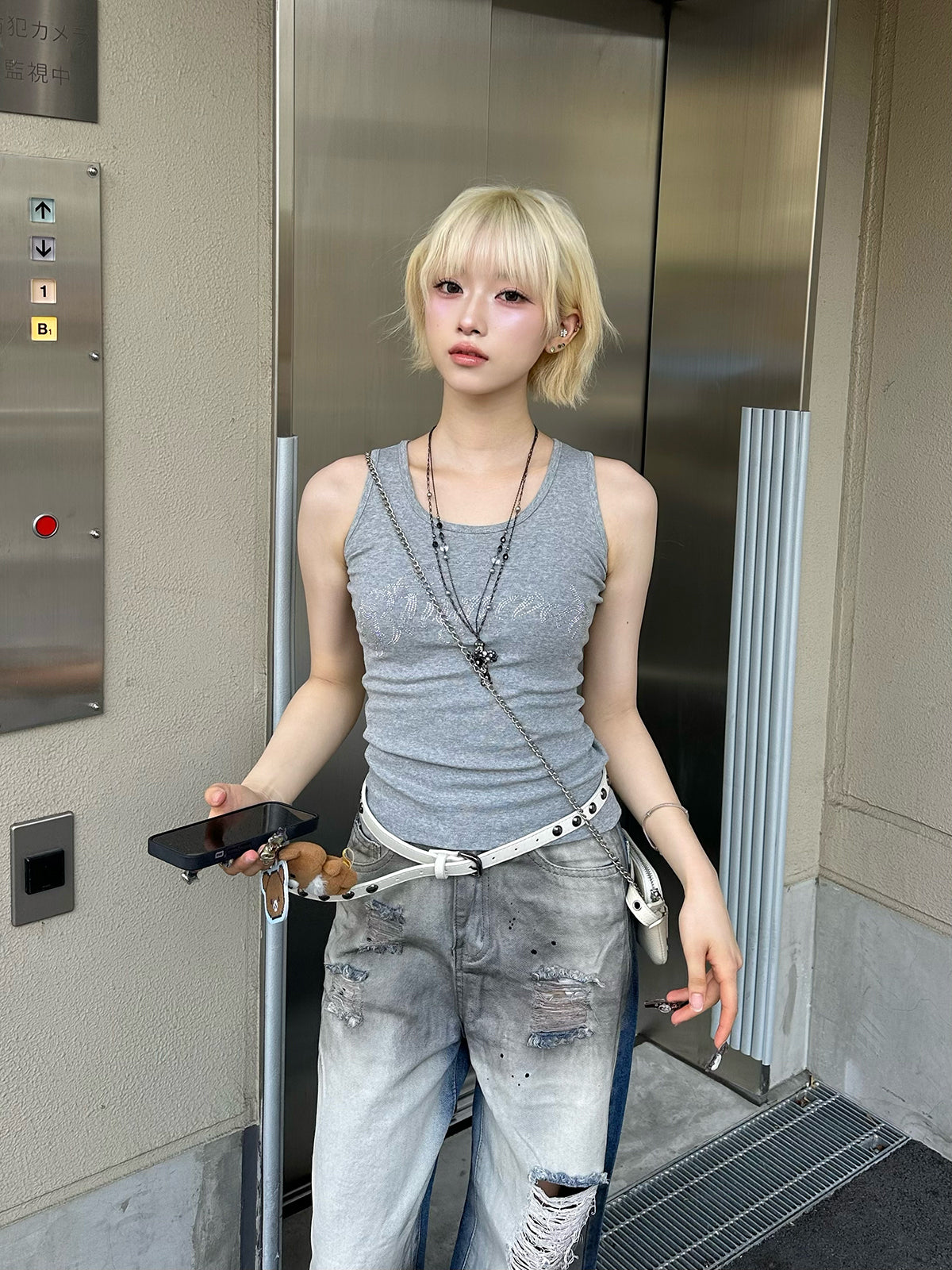 BODE グラニーストーン編みタンクトップ 予約]ミックスヤーン透かし編みニットタンクトップ/ブラック