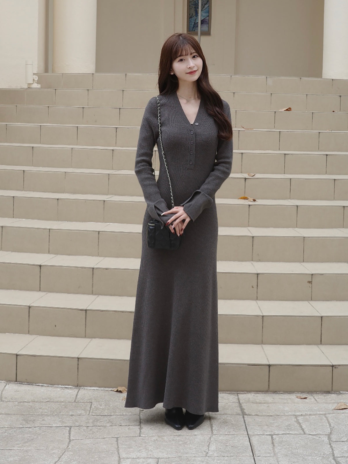 フロントボタンフレアニットワンピース【予約】