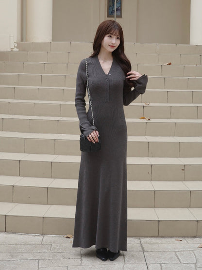 フロントボタンフレアニットワンピース【予約】