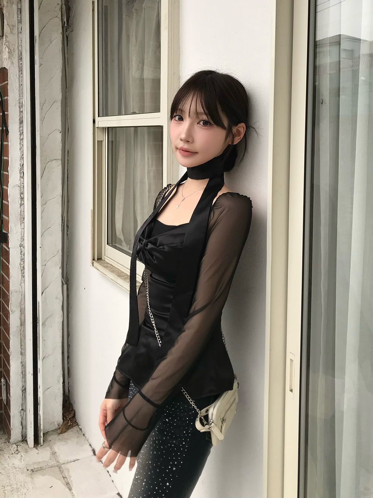 シアースリーブサテンリボンブラウス