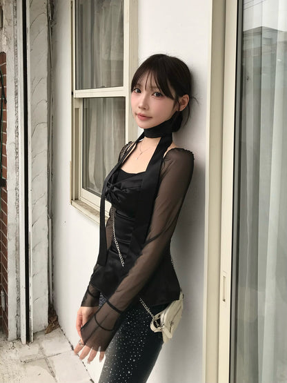 シアースリーブサテンリボンブラウス