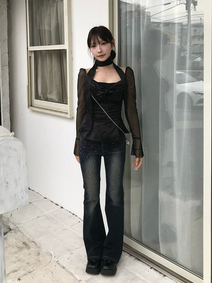 ラインストーンウォッシュフレアデニムパンツ