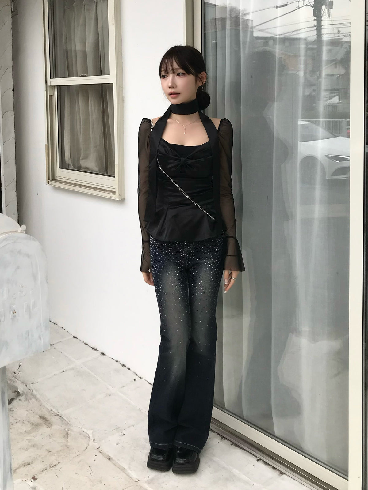 シアースリーブサテンリボンブラウス