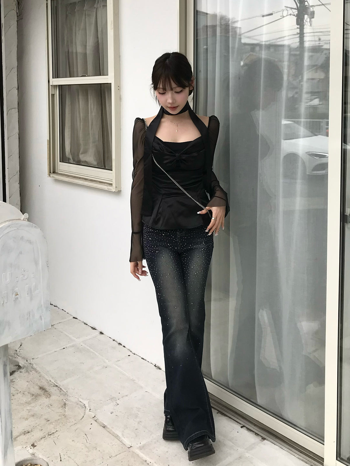 ラインストーンウォッシュフレアデニムパンツ