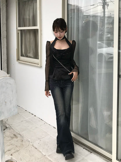 ラインストーンウォッシュフレアデニムパンツ