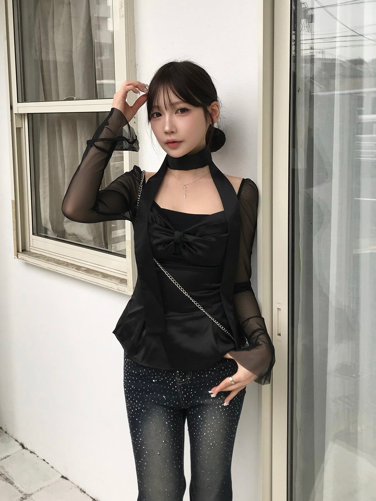 シアースリーブサテンリボンブラウス