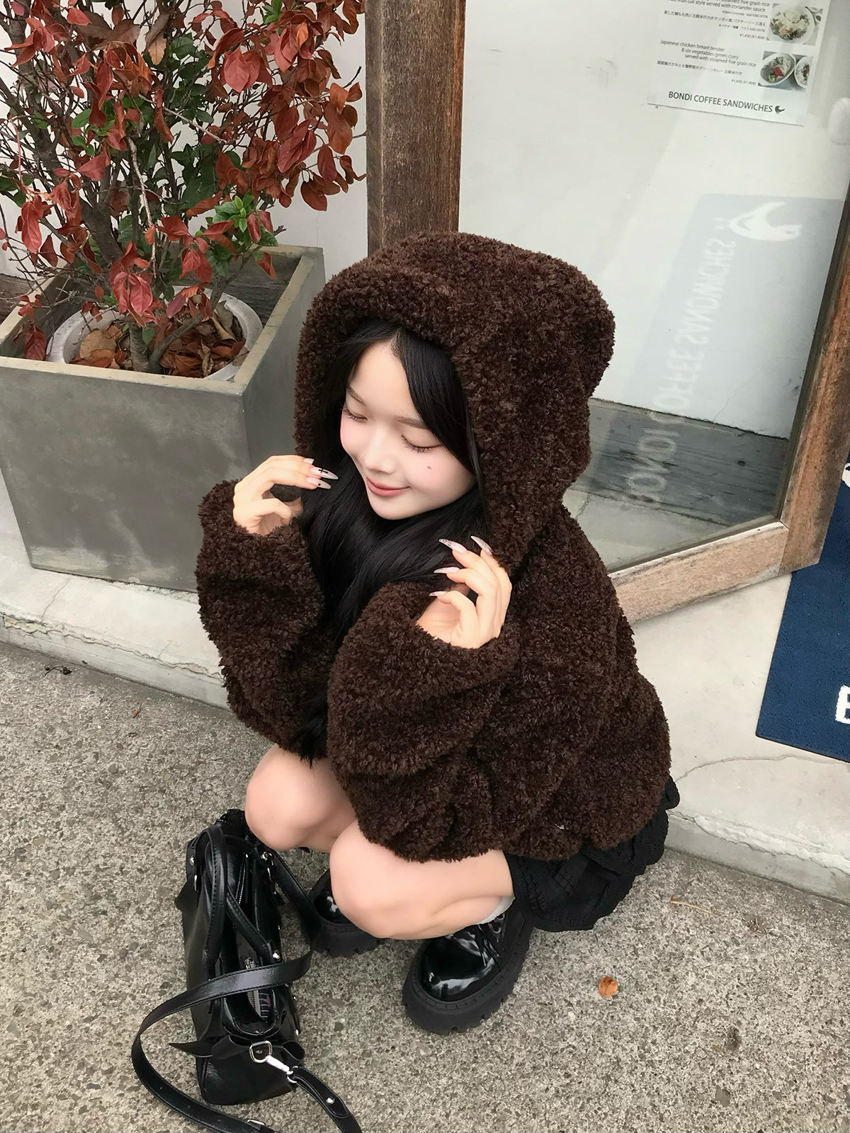 贵宾毛触感纽扣大衣