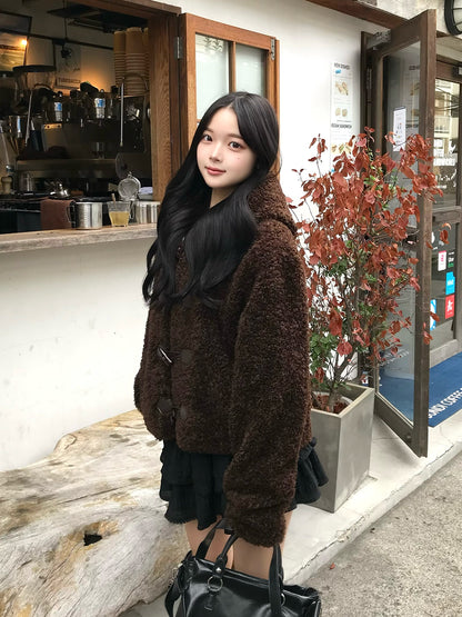 贵宾毛触感纽扣大衣