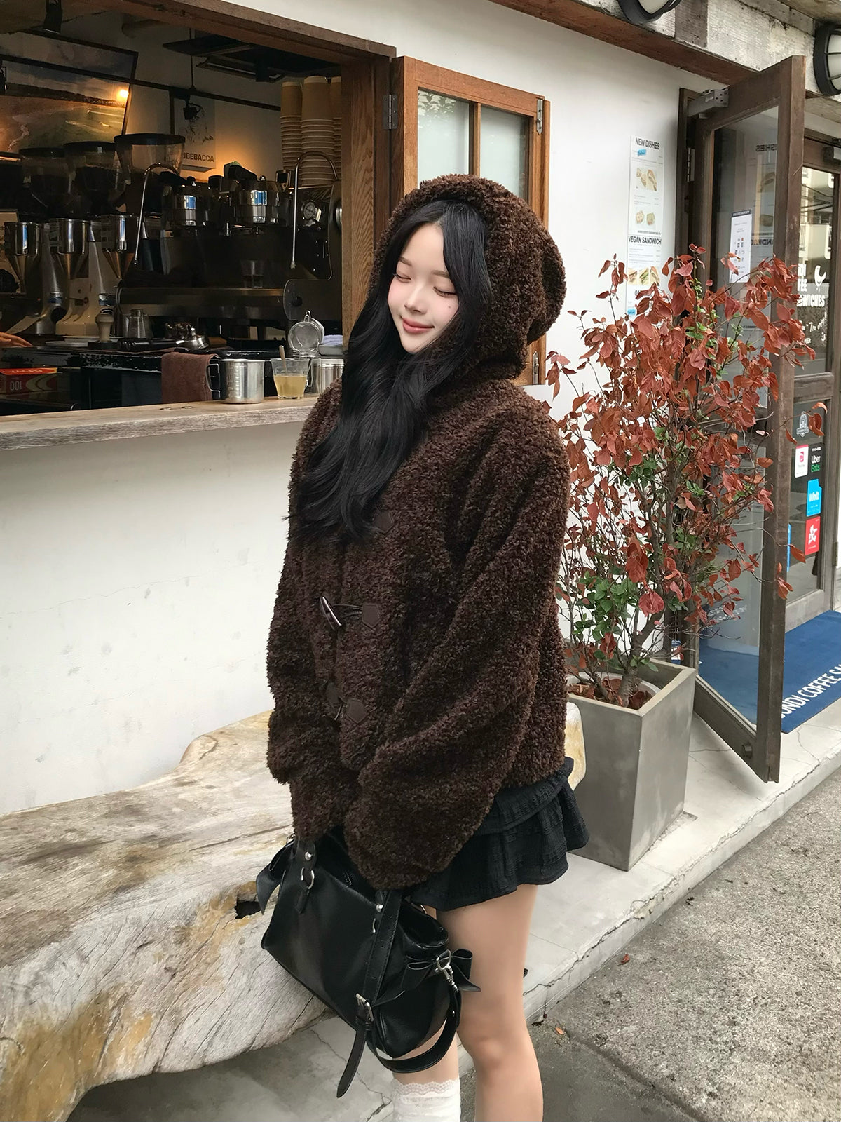 贵宾毛触感纽扣大衣